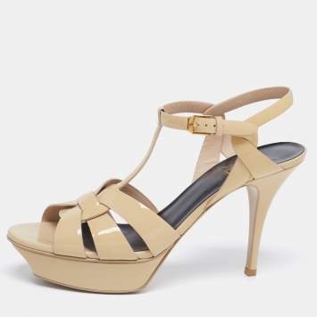 Pre Owned Saint Laurent Beige Patent Leather Tribute Platform Sandals Size 41