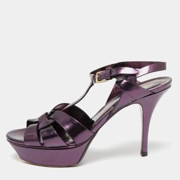 Pre Owned Saint Laurent Metallic Purple Leather Tribute Platform  Sandals Size 38