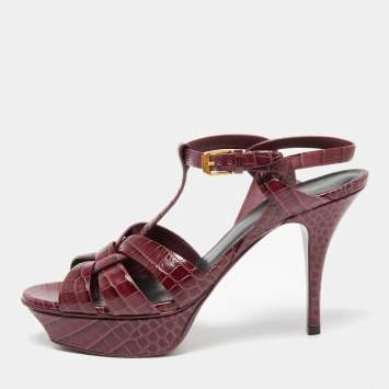 Pre Owned Saint Laurent Plum Croc Embossed Leather Tribute Sandals Size 39
