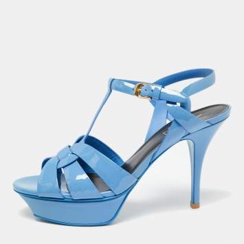 Pre Owned Saint Laurent Paris Blue Patent Leather Tribute Platform Sandals Size 38