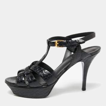 Pre Owned Saint Laurent Black Croc Embossed Leather Tribute Sandals Size 38