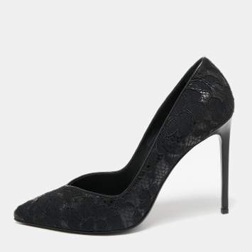 Pre Owned Saint Laurent Black Lace And Leather Pointed Toe Pumps Size 40