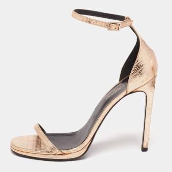 Pre Owned Saint Laurent Gold Lizard Embossed Leather Jane Ankle-Strap Sandals Size 38.5