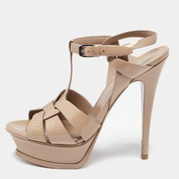 Pre Owned Saint Laurent Beige Patent Leather Tribute Ankle Strap Platform Sandals Size 37.5