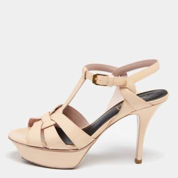 Pre Owned Saint Laurent Beige Patent Leather Tribute Platform Ankle Strap Sandals Size 36