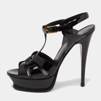 Pre Owned Saint Laurent Black Patent Leather Tribute Platform Ankle Strap Sandals Size 38