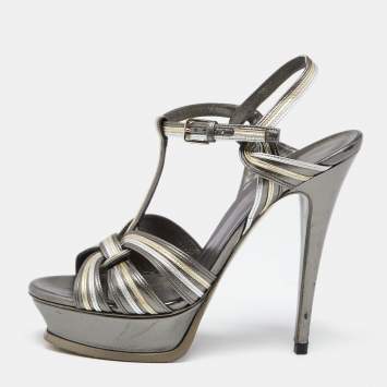Pre Owned Saint Laurent Metallic Bronze Leather Tribute  Platform Sandals Size 38.5