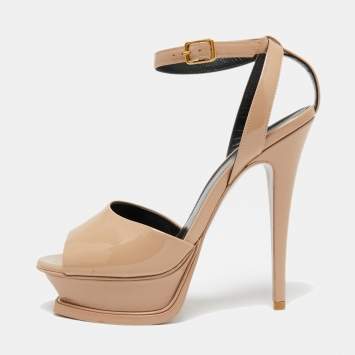 Pre Owned Saint Laurent Beige Patent Leather Tribute Lips Sandals Size 36