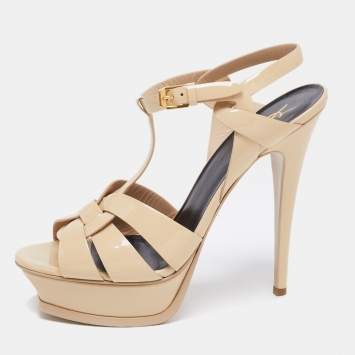 Pre Owned Saint Laurent Cream Patent Leather Tribute Platform Sandals Size 40