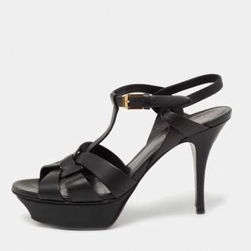 Pre Owned Saint Laurent Black Leather Tribute Platform Sandals Size 37.5