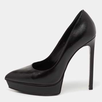 Pre Owned Saint Laurent Black Textured Leather Janis Platform Pumps Size 35