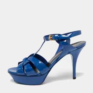 Pre Owned Saint Laurent Blue Patent Leather Tribute Platform Sandals Size 38