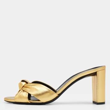 Pre Owned Saint Laurent Metallic Gold Leather Knotted Slide Sandals Size 40