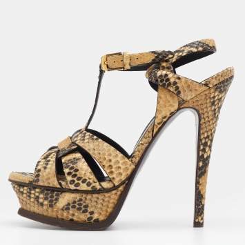 Pre Owned Saint Laurent Beige/Black Snakeskin Leather Tribute Platform Sandals Size 36.5