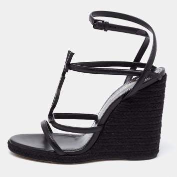 Pre Owned Saint Laurent Black Leather Cassandra Espadrille Wedge Sandals Size 38