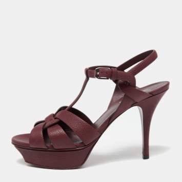 Pre Owned Saint Laurent Burgundy Textured Leather Tribute Sandals Size 38