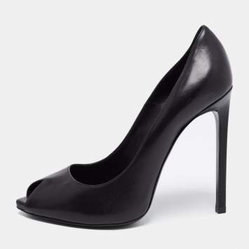 Pre Owned Saint Laurent Black Leather Peep Toe Pumps Size 37.5