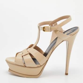 Pre Owned Saint Laurent Beige Patent Leather Tribute Platform Sandals Size 39