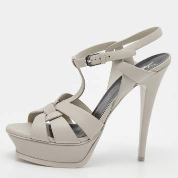 Pre Owned Saint Laurent Grey Grained Leather Tribute Platform Sandals Size 39