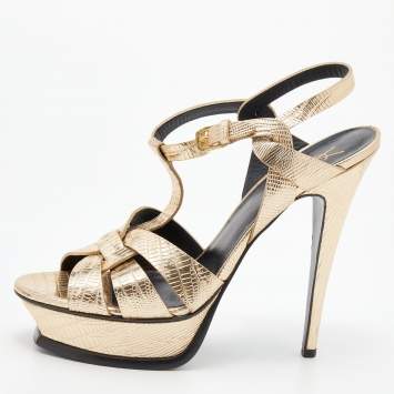 Pre Owned Saint Laurent Metallic Gold Lizard Embossed Leather Tribute Platform Sandals Size 39