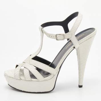 Pre Owned Saint Laurent White Python Embossed Leather Ankle Strap Platform Sandals Size 39