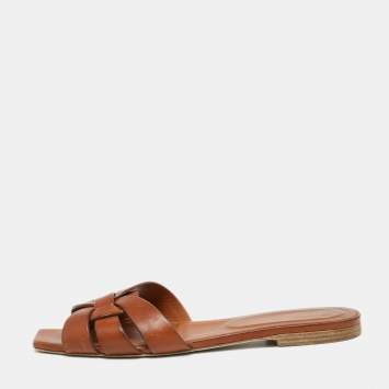 Pre Owned Saint Laurent Brown Leather Tribute Flat Slides Size 38