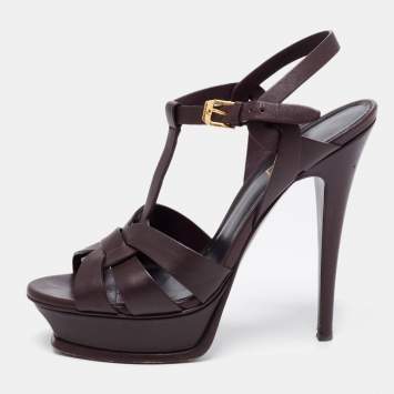 Pre Owned Saint Laurent Dark Brown Leather Tribute Platform Platform Sandals Size 38