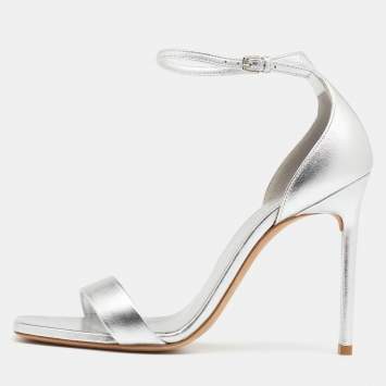 Pre Owned Saint Laurent Silver Leather Amber Ankle Strap Open Toe Sandals Size 39