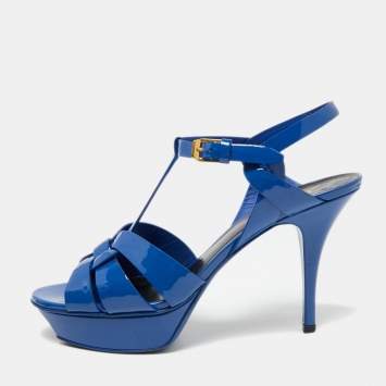 Pre Owned Saint Laurent Royal Blue Patent Leather Tribute Platform Sandals Size 40