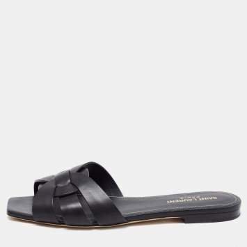 Pre Owned Saint Laurent Black Leather Tribute Flat Slide Sandals Size 38
