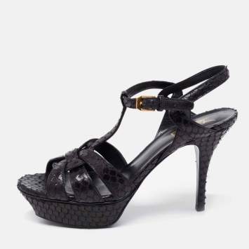 Pre Owned Saint Laurent Black Python Embossed  Leather Tribute Sandals Size 38.5