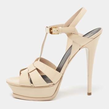 Pre Owned Saint Laurent Beige  Patent Leather Tribute Platform Sandals Size 40