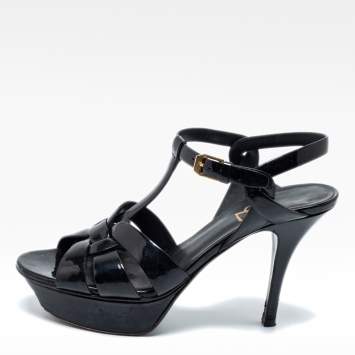 Pre Owned Saint Laurent Black Patent Leather Tribute Platform Sandals Size 36.5
