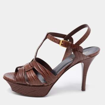 Pre Owned Saint Laurent Brown Lizard Embossed Leather Tribute Platform  Sandals Size 37.5