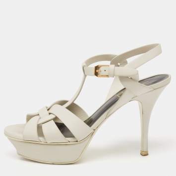 Pre Owned Saint Laurent White Leather Tribute  Platform Sandals Size 37