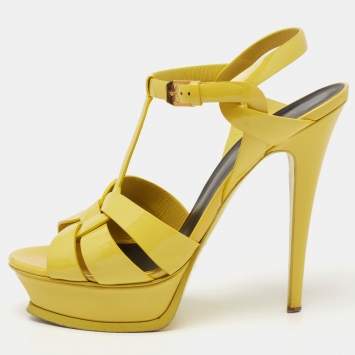 Pre Owned Saint Laurent Yellow Patent Leather Tribute Platform Sandals Size 39.5
