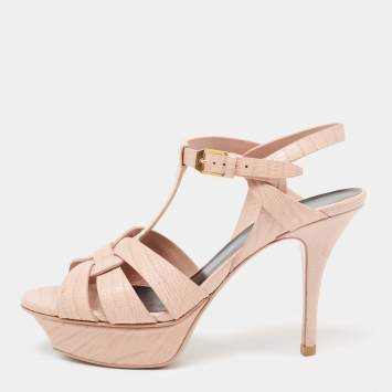 Pre Owned Saint Laurent Pink Lizard Embossed Leather Tribute Platform Sandals Size 36.5