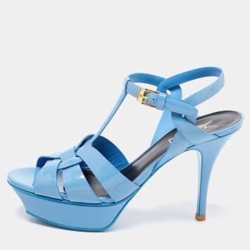 Pre Owned Saint Laurent Blue Patent Leather Tribute Platform Sandals Size 37