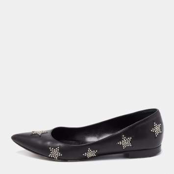 Pre Owned Saint Laurent Black Leather Star Studded Pointed Toe Ballet Flats Size 35
