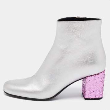 Pre Owned Saint Laurent Metallic Grey Leather Glitter Block Heel Ankle Boots Size 35