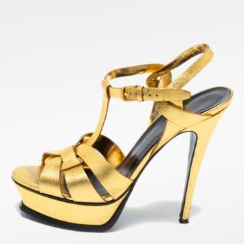Pre Owned Saint Laurent Metallic Gold Leather Tribute Platform Sandals Size 39