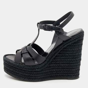Pre Owned Saint Laurent Black Leather Tribute Platform Espadrille Sandals Size 36