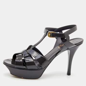 Pre Owned Saint Laurent Dark Grey Patent Leather Tribute Platform Ankle Strap Sandals Size 36.5