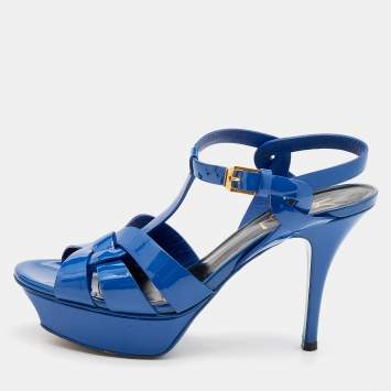 Pre Owned Saint Laurent Blue Patent Leather Tribute Platform Ankle Strap Sandals Size 36.5