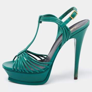 Pre Owned Saint Laurent Green Leather Strappy Platform Sandals Size 39