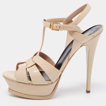 Pre Owned Saint Laurent Beige Patent Leather Tribute Platform Ankle Strap Sandals Size 39