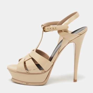Pre Owned Saint Laurent Beige Patent Leather Tribute Sandals Size 39