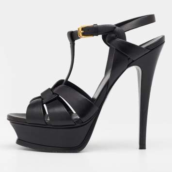 Pre Owned Saint Laurent Black Leather Tribute Platform Sandals Size 37
