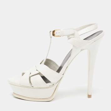 Pre Owned Saint Laurent White Lizard Embossed Leather Tribute Sandals Size 39