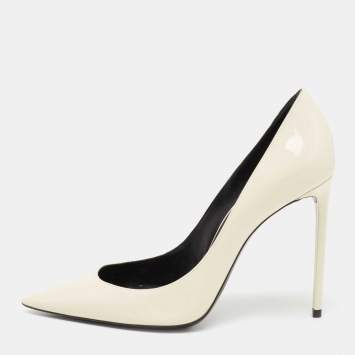 Pre Owned Saint Laurent Cream Patent Pointed Toe Pumps Size 37